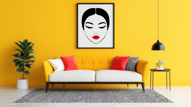 Mid-century modern living room, bold geometric patterns, vibrant colors, low-profile furniture, pop art aesthetic, digital painting. , closes up