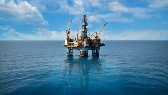 Offshore oil rig reflecting perfectly on still water under cloudy sky seamless looping 4k time-lapse animation video background