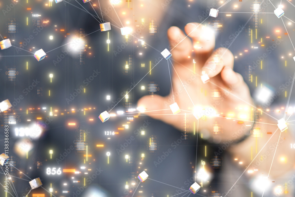 Poster Neural network 3D illustration. Big data and cybersecurity