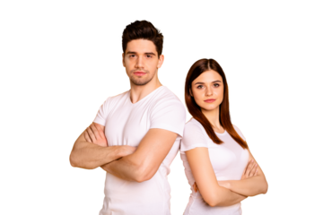 Close up photo beautiful she her he him his pair stand back close teamwork self-confident not smiling professionals specialists work job workers wear casual white t-shirts isolated yellow background
