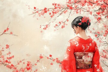 Obraz premium Japanese woman with dark hair wearing red kimono with floral pattern is standing under blooming sakura tree in spring