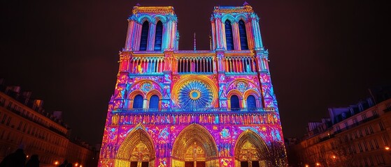 Notre Dame Cathedral illuminated at night with vibrant colorful projections.