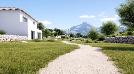 Scenic pathway leading to a modern house with mountain backdrop.
