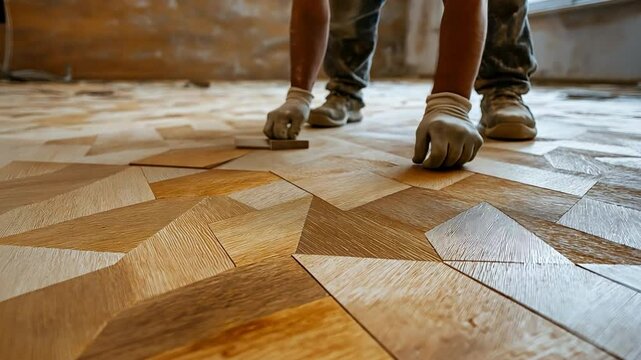 The apartment's laminate flooring is installed by workers. Remodelling a flat