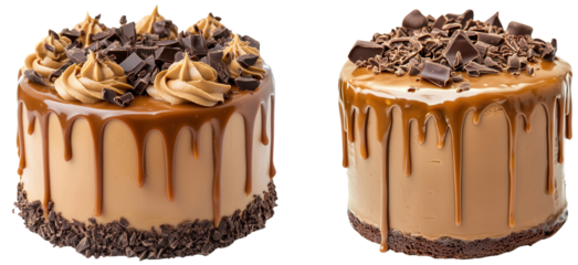 Delicious Chocolate Drip Cakes with Creamy Frosting and Toppings isolated on transparent background.