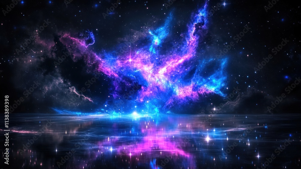 Poster a vibrant cosmic scene with colorful nebulae reflecting on a tranquil surface.