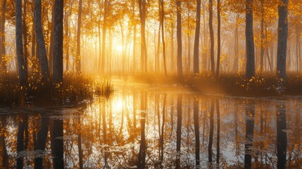 Panoramic sunrise in Finland, a tranquil forest lake glowing with golden light, fog, frost, and reflections.