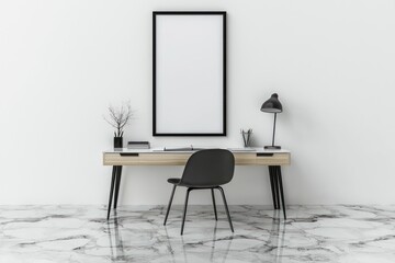 Clean home workspace featuring minimalist desk, poster frame on marble floor.