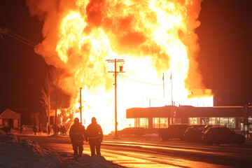 Two firefighters watching a burning building engulfed in flames at night during winter