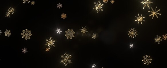 golden openwork shiny snowflakes, star, 3D rendering.