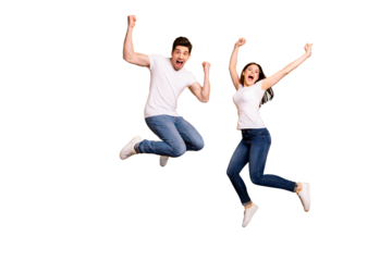 Full length body size photo funky she her he him his pair jumping high raised fists yell scream shout loud cheerleader football fans wear casual jeans denim white t-shirts isolated yellow background