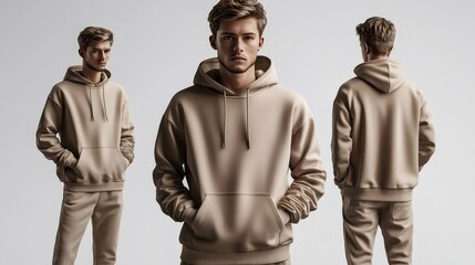 3D rendering of a man in a khaki hoodie and sweatpants, ideal for displaying your clothing designs