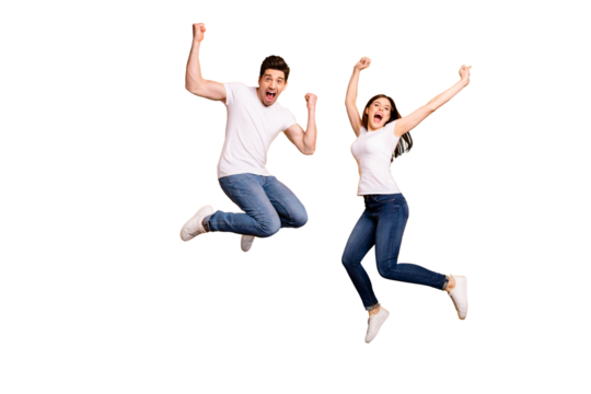 Full length body size photo funky she her he him his pair jumping high raised fists yell scream shout loud cheerleader football fans wear casual jeans denim white t-shirts isolated yellow background