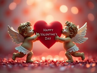 3D Two loving Cupids with heart. Valentine's Day card.