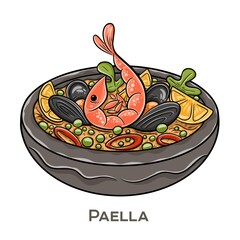 Paella is a vibrant, traditional Spanish rice dish originating from Valencia, typically prepared with saffron-infused rice, a variety of meats or seafood, vegetables