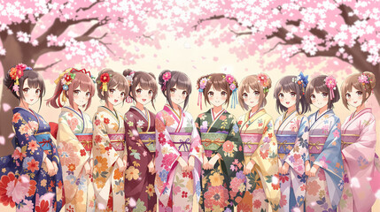 Obraz premium The Beauty of Tradition: Nine Playful Anime Girls Under Cherry Blossoms