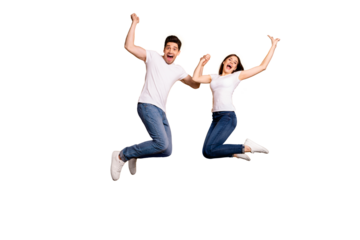 Full length side profile body size photo funky she her he him his pair jumping high yell scream shout best buddies lottery lucky goal wear casual jeans denim white t-shirts isolated yellow background
