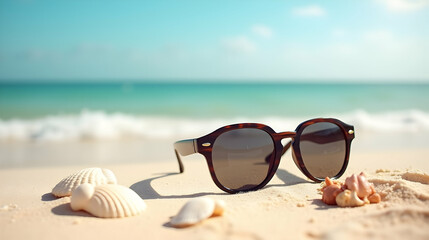Summer vibes: Sunglasses resting on a sandy beach, beside seashells, with a tranquil ocean backdrop. Pure relaxation!