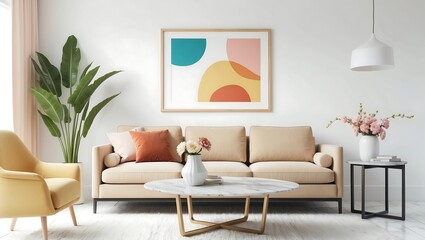 Mockup poster empty frame in scandinavian, tropical, rustic, minimal, bohemian, style living room interior, living room interior background