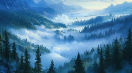 Pine forest and river valley covered in mysterious fog at sunrise, a mesmerizing and detailed aerial view.