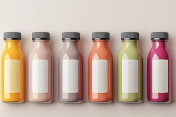 Six glass bottles filled with colorful smoothies or juices, each featuring a blank white label, creating a vibrant and customizable display