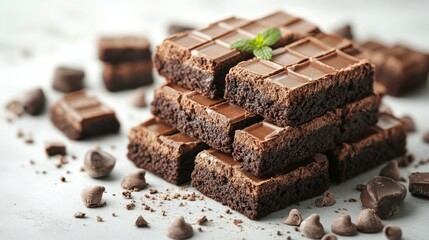 Delicious Chocolate Brownies Stacked High with Fresh Mint Garnish and Chocolate Chips Scattered on a Light Background, Perfect for Dessert Lovers and Baking Enthusiasts