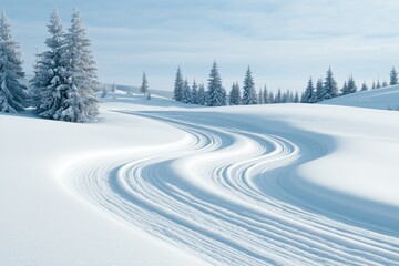 Obraz premium Snow-covered landscape with winding tracks through winter forest on a clear day