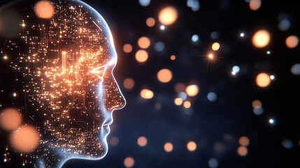 Obraz premium Human Head with Digital Circuitry and AI Connections A realistic rendering of a human head with a visible circuit board inside, representing artificial intelligence. The design hig