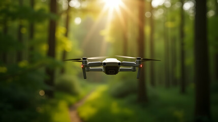 Drone soaring through a sun-dappled forest, capturing the serene beauty of nature.  A technological marvel in a natural wonderland.