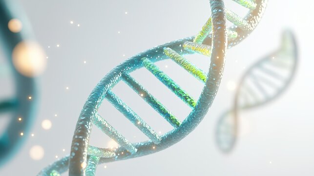 Rotating glowing dna helix digital laboratory 3d animation blue and green tones scientific visualization