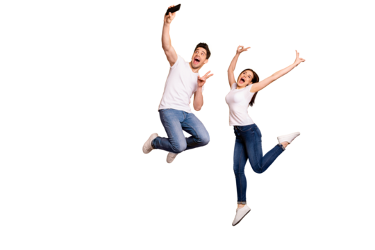 Full length side profile body size photo funky funny crazy people she her he him his guy lady jump high show v-sign make take selfies wear casual jeans denim white t-shirts isolated yellow background