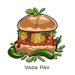 Vada Pav is a popular street food from Mumbai, consisting of a spicy potato fritter (vada) served inside a soft bread roll (pav), often accompanied by tangy and spicy chutneys.