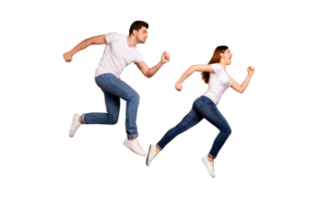 Full length side profile body size photo funky funny she her he him his guy lady jump high hurry shopping black friday low prices wear casual jeans denim white t-shirts isolated yellow background