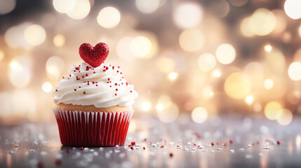 Delightful cupcake with heart decoration against sparkling bokeh lights for a sweet celebration.