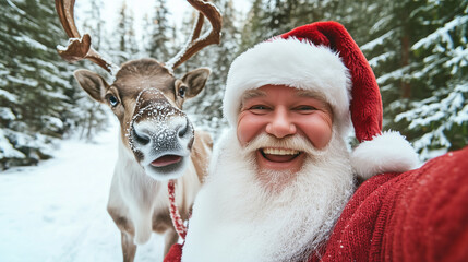 Obraz premium Jolly Santa and Reindeer Selfie in Winter Wonderland Santa Claus, grinning with happiness, takes a selfie with his reindeer in a picturesque snowy setting, surrounded by frosty tre