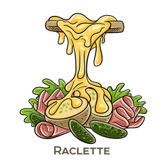 Raclette is a traditional Swiss dish featuring melted cheese scraped onto potatoes and other accompaniments.