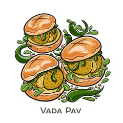 Vada Pav is a popular street food from Mumbai, consisting of a spicy potato fritter (vada) served inside a soft bread roll (pav), often accompanied by tangy and spicy chutneys.