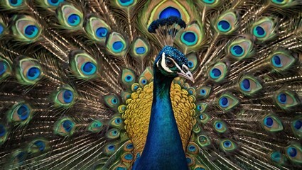 Obraz premium A stunning and intricate illustration of a majestic peacock, its vibrant feathers fully fanned out in a dazzling display of iridescent blues, greens, and golds, with fine details capturing the texture