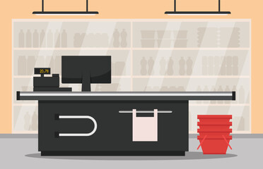 Empty supermarket store interior with shelves in flat style. Checkout counter. Interior store inside. Vector stock
