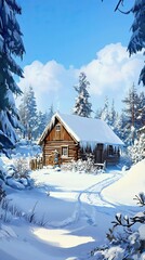 Fototapeta premium Snowy Log Cabin Winter Wonderland Forest Scene
