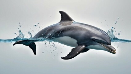 Fototapeta premium A playful and detailed illustration of a dolphin mid-leap, with water droplets cascading off its sleek, glistening body, isolated on a crisp white background.