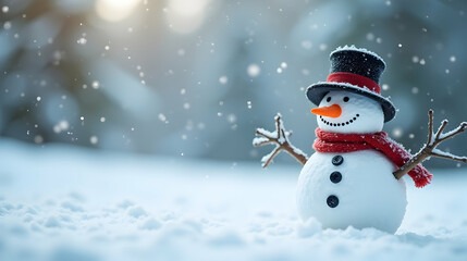 Fototapeta premium Charming snowman in a snowy landscape, wearing a top hat and red scarf. Winter wonderland scene with falling snow. Festive and joyful!