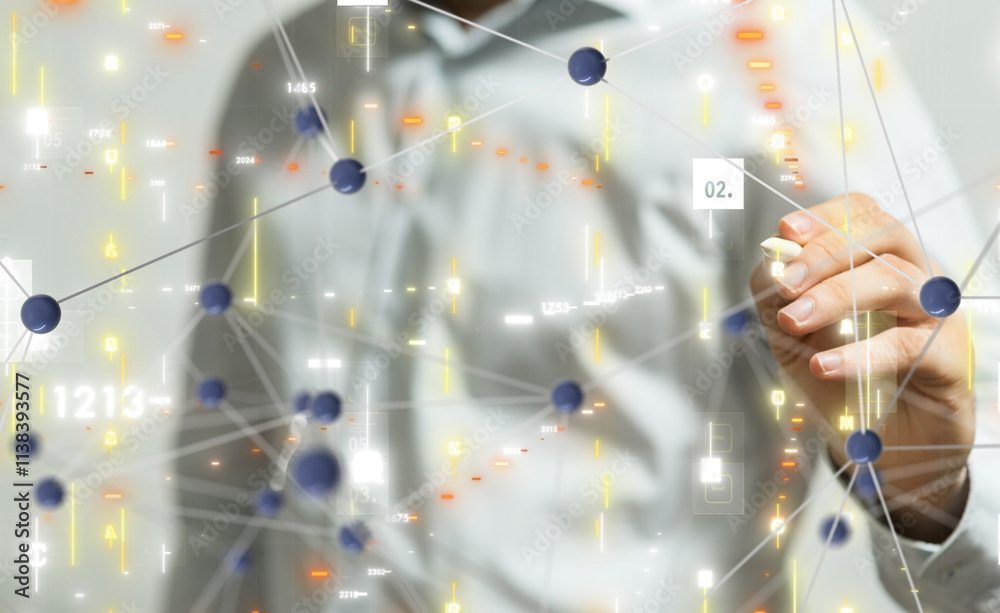 Poster Neural network 3D illustration. Big data and cybersecurity