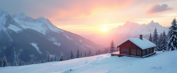 Fototapeta premium Serene sunset paints the snowy mountain peaks, a cozy cabin nestled in the winter wonderland. Breathtaking view!