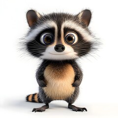Fototapeta premium Cute cartoon raccoon character with large expressive eyes, standing upright against a plain white background, showcasing its fluffy fur and playful demeanor.