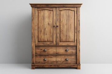 Rustic wooden wardrobe with two doors and three drawers.