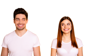 Close up photo two amazing beautiful she her he him his couple standing side by side look each other did trick funky childish mood wear casual white t-shirts outfit clothes isolated yellow background