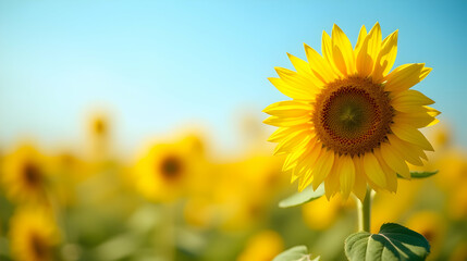 Obraz premium Golden sunflower basking in sunlight, a vibrant field of yellow blooms stretches behind, creating a cheerful summer scene.