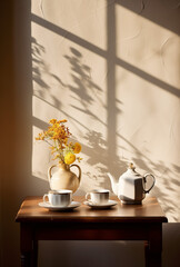 Fototapeta premium Vintage concept of tea cups, pot and sun rises on the table.