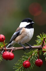 Naklejka premium A tit sitting on a festive branch with red flowers and greenery. Harbinger of spring